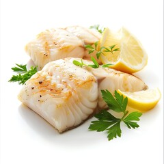 Cooked Fish Fillet with Lemon and Parsley Herb on White Background