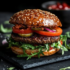 Delicious Gourmet Burger with Fresh Ingredients on Dark Stone Plate