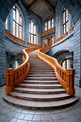 Grand curving staircase in a stone building with arched windows
