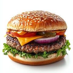 Delicious Burger with Fresh Ingredients on White Background Studio Shot