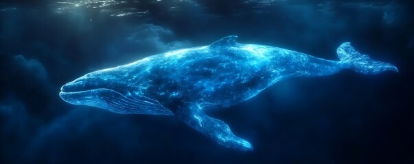 Fototapeta premium Whale swims underwater, ethereal and blue, in the deep ocean, background light shines