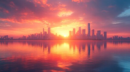 Fototapeta premium Cityscape at Sunrise: A Breathtaking Panorama of Urban Skyline Reflected in Calm Waters