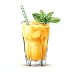 Refreshing Mango Smoothie in Glass with Mint Garnish and Straw