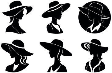 Set of Elegant Women's Hat Silhouettes, Fashionable and Stylish Silhouettes of Women Wearing Hats in Different Poses, Perfect for Fashion, Beauty, and Accessories Designs