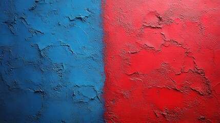 Textured wall divided into vibrant red and blue sections for visual contrast