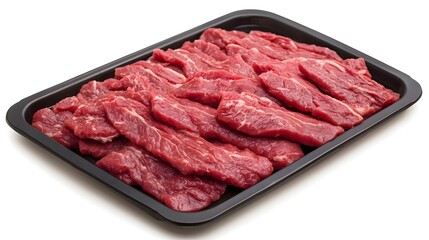 Slices of Red Meat in Vacuum Packaging on Black Tray