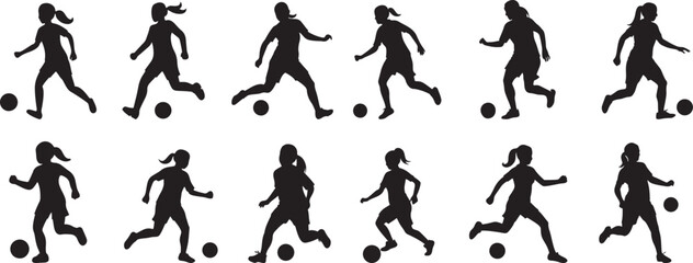Collection of female soccer player silhouette vector. Soccer football plyer silhouette. Player running, kicking football silhouette