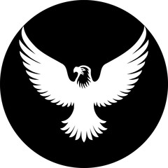 Stylized soaring eagle emblem on dark round backdrop, representing liberty and might