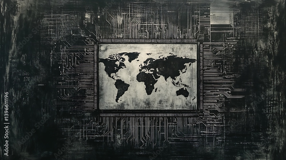 Aufkleber abstract representation of a world map integrated with circuit patterns, symbolizing technology and 