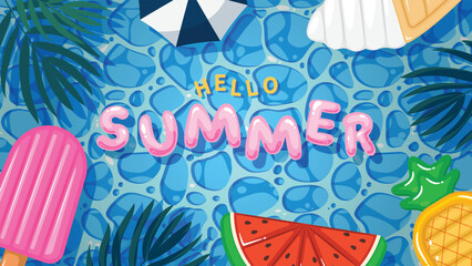 Top view pool decorated with cute inflatables and leaves and text Hello Summer