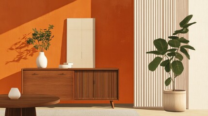 Warm, modern interior with a wooden sideboard, plants, and striking orange and white wall contrast. Clean lines and natural light create a serene atmosphere