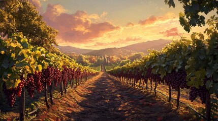 Naklejka premium A lush vineyard with ripe grapes ready for harvest, --ar 16:9 --v 6.1 Job ID: 847dc74d-b349-4abd-a76d-1faf64e0d8ed