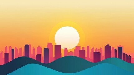 Obraz premium A mountain ridge overlooking the suburban sunset with the city skyline in view, Suburban Sunset of City Skylines