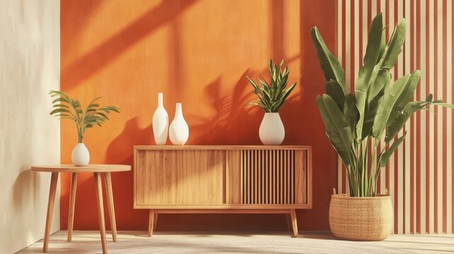 Warm, modern interior with a wooden sideboard, vibrant orange wall, and lush green plants creating a stylish, inviting space
