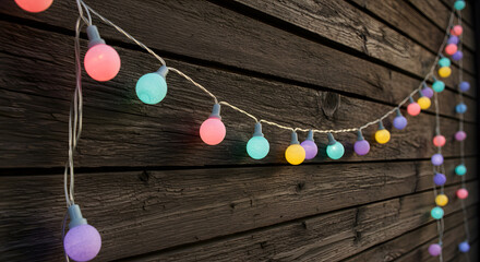 Pastel Globe String Lights on Rustic Wooden Wall
