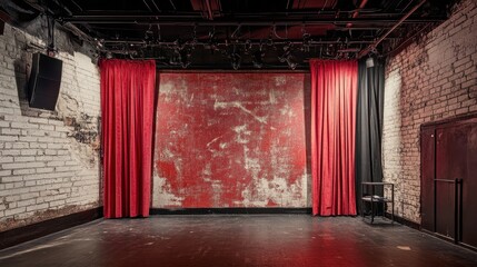 A dimly lit, vintage theater stage with distressed red curtains and exposed brick walls. A worn,...