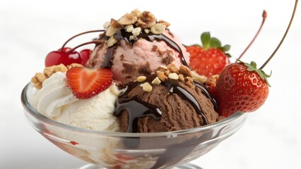A bowl of ice cream with chocolate and strawberries