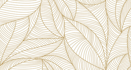 Fototapeta premium Vector Line Art Leaves Luxury Background. Line Art Elegant Minimalist Floral Seamless Pattern. Jungle Leaf Ornament. Linear Hand Drawn Nature Wallpaper Template.