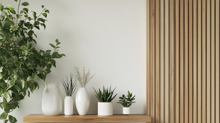 Minimalist interior with a wooden shelf displaying white vases with greenery and a slatted wood wall panel. Clean and modern aesthetic