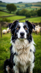 Fototapeta premium Close-up portrait of a Border Collie at an English countryside sheep farm, highlighting its intelligence and calm demeanor. 