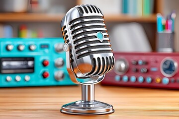 Retro microphone on wooden desk with vintage audio equipment