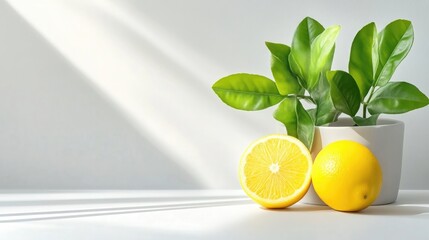 Fresh lemons with one cut in half on a white surface with green lemon plant in a pot, soft sunlight creating shadows, and bright and natural composition.