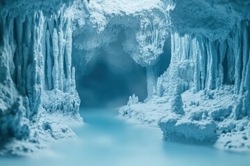 An ethereal blue cave with water and icy formations