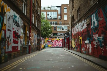 Naklejka premium Urban alleyway filled with colorful graffiti