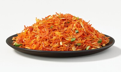 Spicy carrot noodles dish on plate, studio shot, food photography, recipe illustration