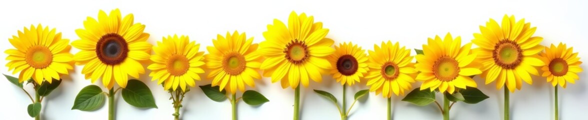 Fototapeta premium Assortment of sunflower heads in various sizes on a clean white backdrop, floral, beauty
