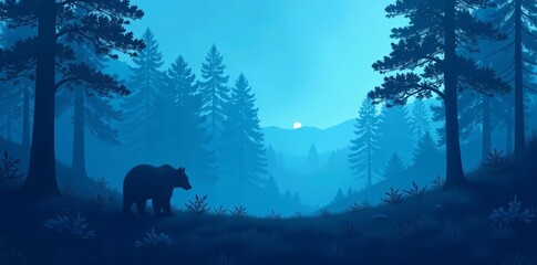 Blue toned forest landscape with bear silhouette, silhouette, wildlife