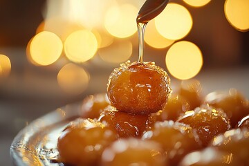 Syrup drizzled over golden sweets, shimmering under soft kitchen light. Each treat holds the promise of celebration and family