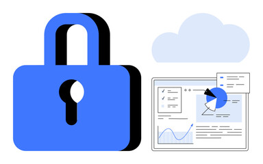 Blue security padlock, a cloud, dashboard with charts and graphs concepts. Ideal for cybersecurity, cloud safety, data privacy, encryption, online protection, business analysis simple landing page