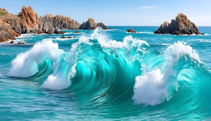 Turquoise ocean waves crashing near rocky coastline under a sunny sky