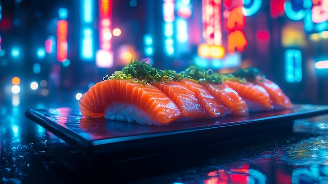 Stylized Tokyo dinner scene with tuna sashimi and shiso on a glossy black plate, background glowing with colorful neon kanji signs in blues, purples, and reds, viewed from a high-end restaurant.