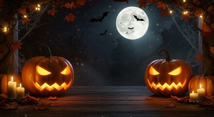 Spooky Halloween Jack-o'-lantern glowing on a dark window with an eerie pumpkin face
