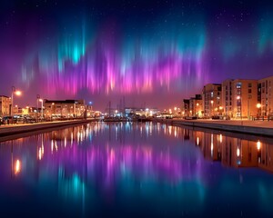 Vibrant aurora borealis reflected in calm city canal waters at night
