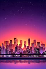 Obraz premium Vibrant cityscape at sunset, reflected in calm water under a starry night sky