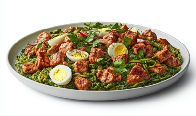 Spinach pasta with meat and eggs; healthy meal; white background; food photography; recipe illustration