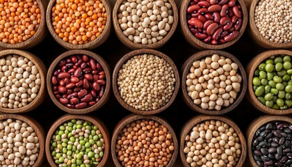 Fototapeta premium Various legumes in wooden bowls