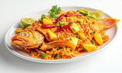 Sweet and sour fish dish, garnished with mango and chili, studio shot, food photography