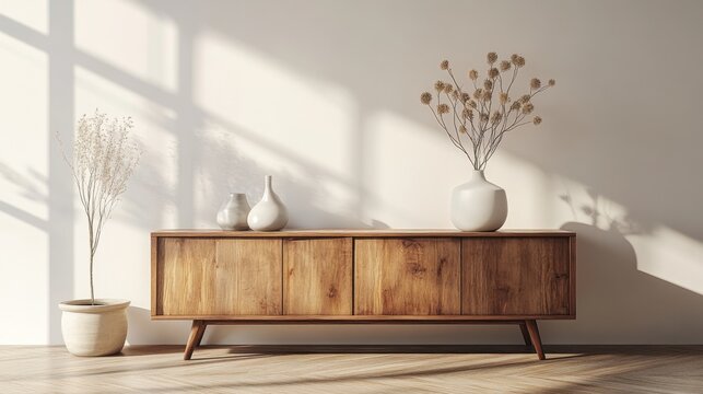 Minimalist interior with a warm wooden sideboard and delicate floral arrangements bathed in soft sunlight. Clean, serene aesthetic
