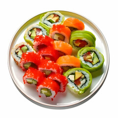 A set of colorful sushi rolls with avocado, tuna, cucumber
