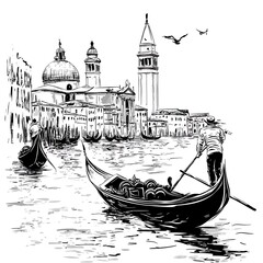 Venetian canal sketch with gondolas and San Giorgio Maggiore church.