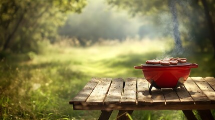 Wooden Table in Nature with Red Grill and Smoking Sausages