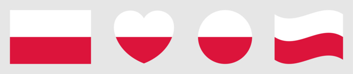 Set of Poland national flags isolated. Poland flags set in square, circle, waving flag and heart shape icons various designs element. Poland flags collection different style. Vector illustration.