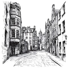 Ink sketch of a quaint European street scene.