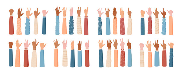 Cartoon hand count gesture set, featuring fingers and palms in various number positions. Isolated flat arms collection with colorful clothes, ideal for number counting education or design concept.