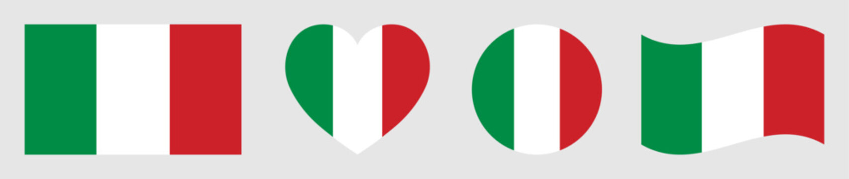 Set of italy national flags isolated. Italy flags set in square, circle, waving flag and heart shape icons various designs element. Italy flags collection different style. Vector illustration.
