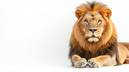 Fototapeta premium African lion with thick golden mane sitting with sharp gaze, white background